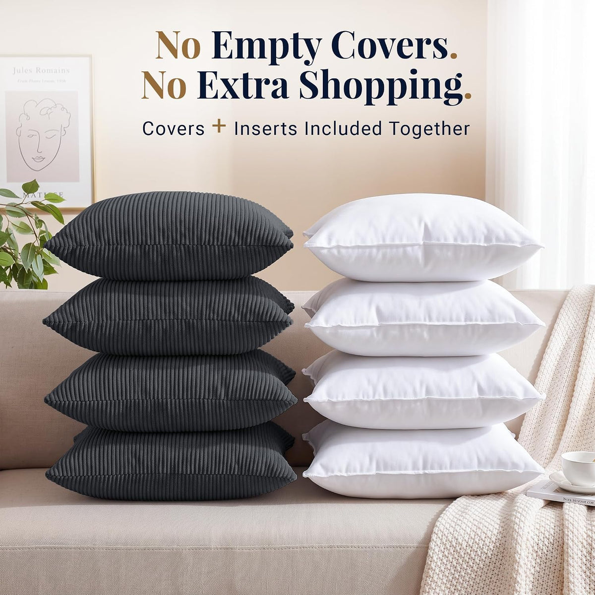 Grey Cushions with Covers Included 45 X 45 Cm Pack of 4 (4-Cushion Covers, 4-Inserts) with Invisible Zipper Pattern Cushion for Home Décor, Bedroom & Sofa (18X18 Inchs)