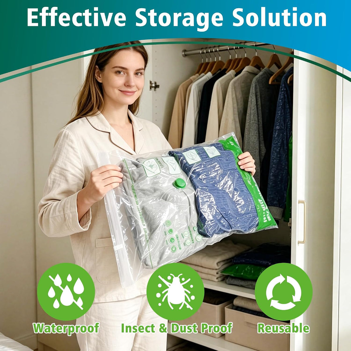 Space Saver Bags for Travel and Home Reusable Vacuum Storage Bags save 80% More Storage Space (12, M)