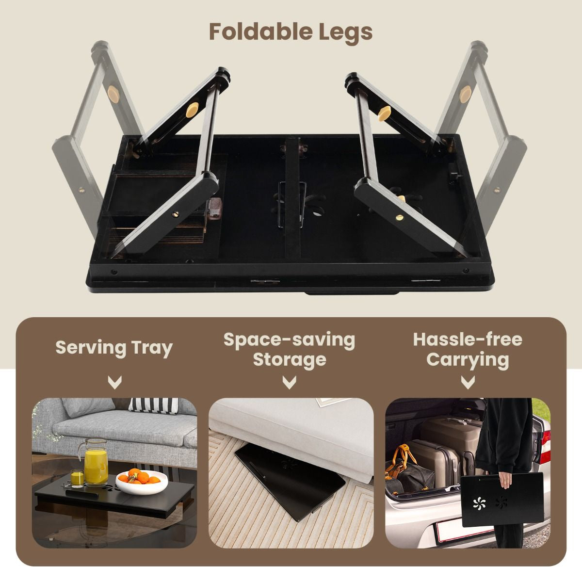 Portable Bamboo Laptop Lap Tray with Adjustable Legs and Tilting Top