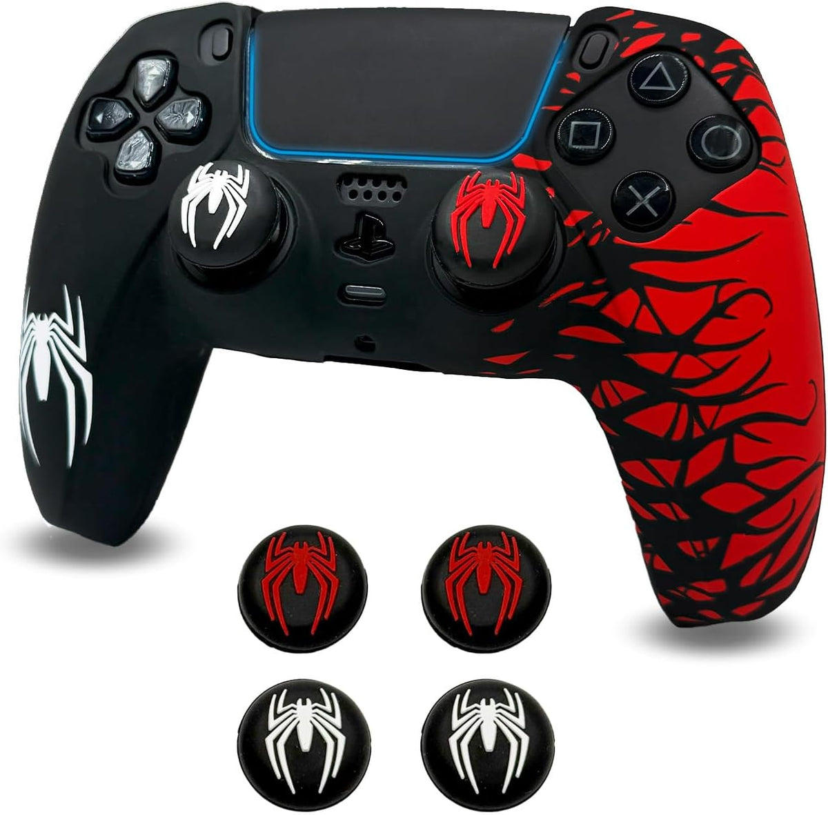 Black and Red Spider Anti-Slip Silicone Cover Skin for PS5 Controller, Soft Rubber Case for PS5 Wireless Controller with 2 Sets Thumb Grips