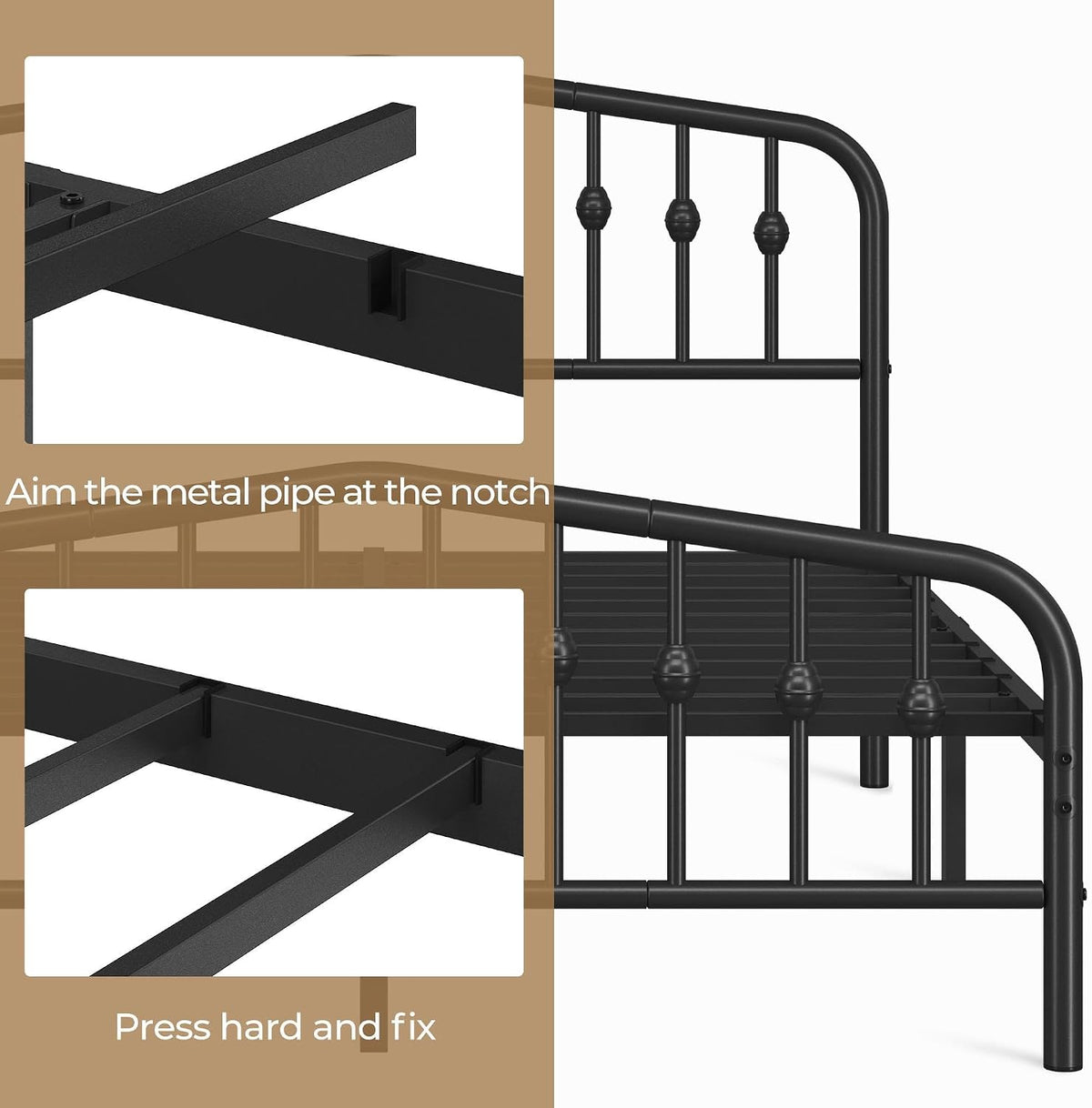 5Ft King Bed Frame Slatted Metal Bed with Crown-Inspired Design Headboard/Spacious Under-Bed Storage Black King Bed