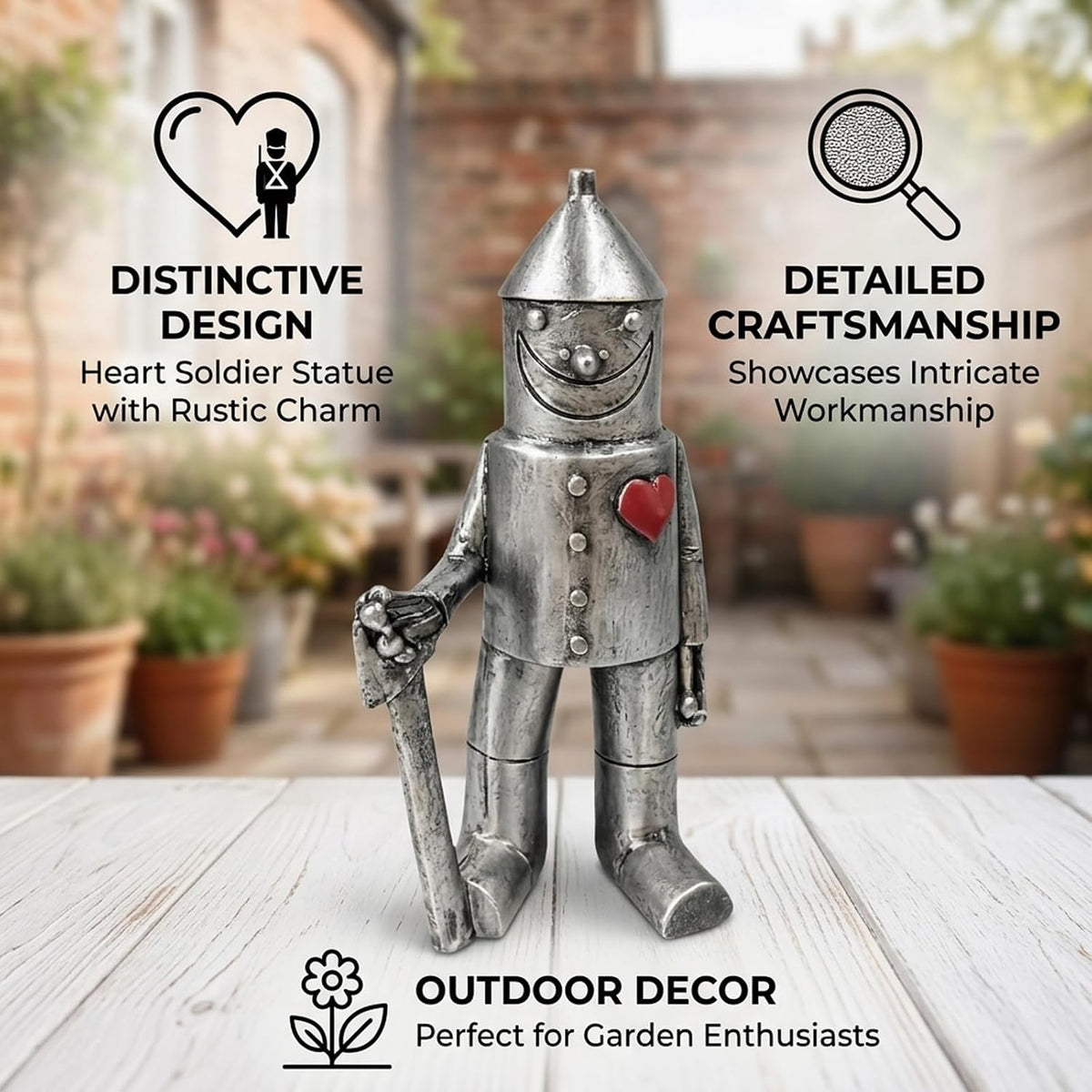 Tin Man Garden Ornament, Heart Soldier Statue for 10 Year Wedding, Metal Garden Sculpture for Outdoor Decor, Rustic Patio Focal Point, Collectible Garden Art Piece