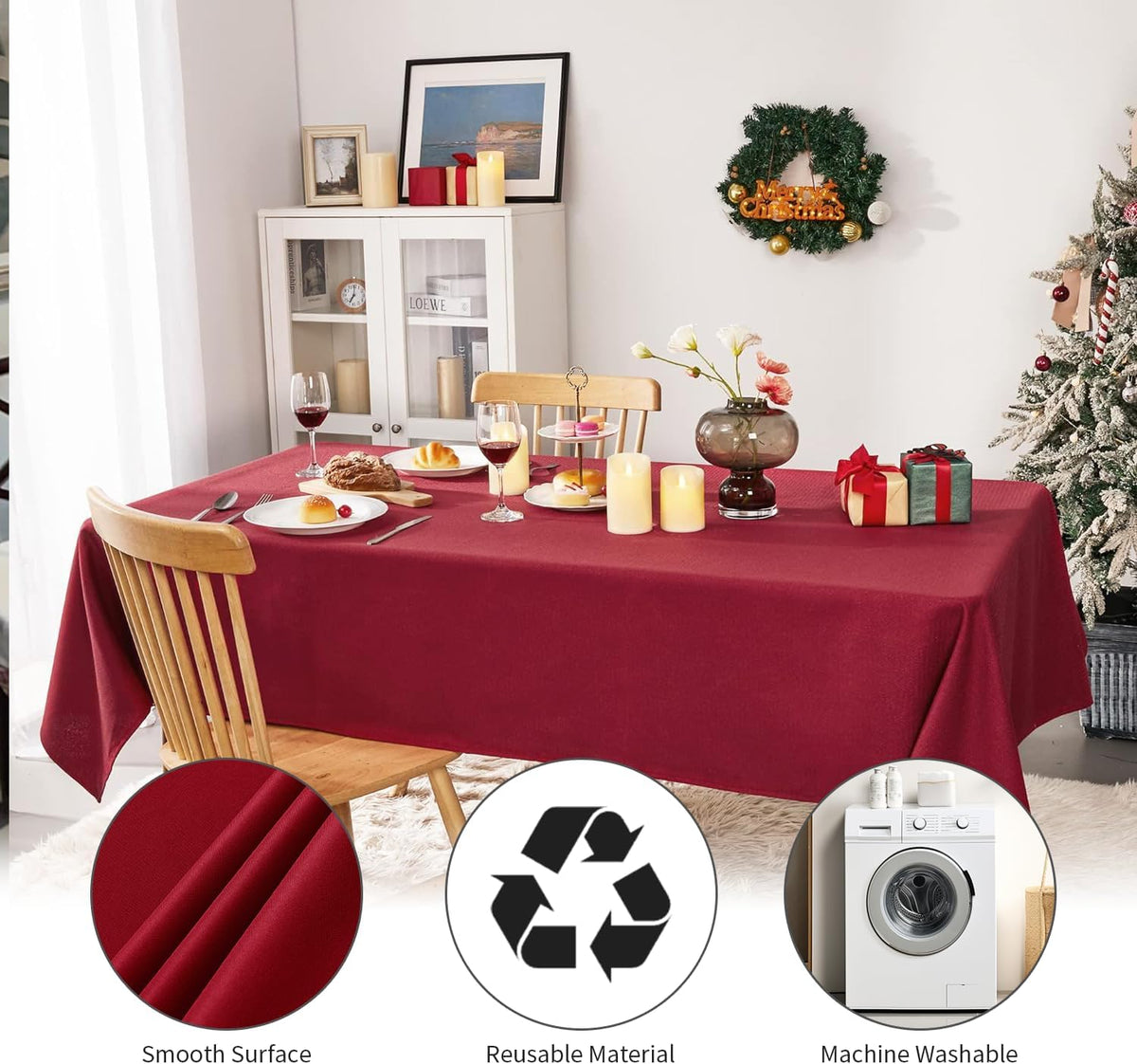 Wipe Clean Table Cloth - 54X110Inch (137X280Cm) Waterproof Rectangle Tablecloth, Polyester Outdoor Table Cloth for 10 to 12 Seater Dining Table Cover for Kitchen.(Red)