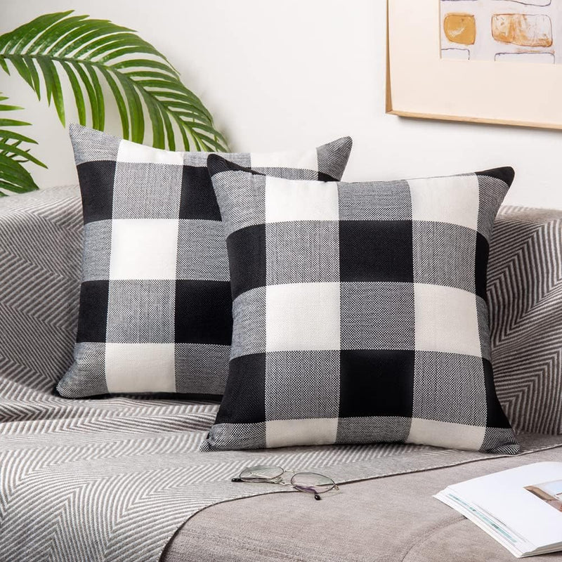 Buffalo Check Cushion Covers 40Cm X 40Cm Set of 2 Linen Decorative Square Tartan Throw Pillow Case for Sofa Couch Bed Home Decor Car 16 X 16 Inches (Black & White)