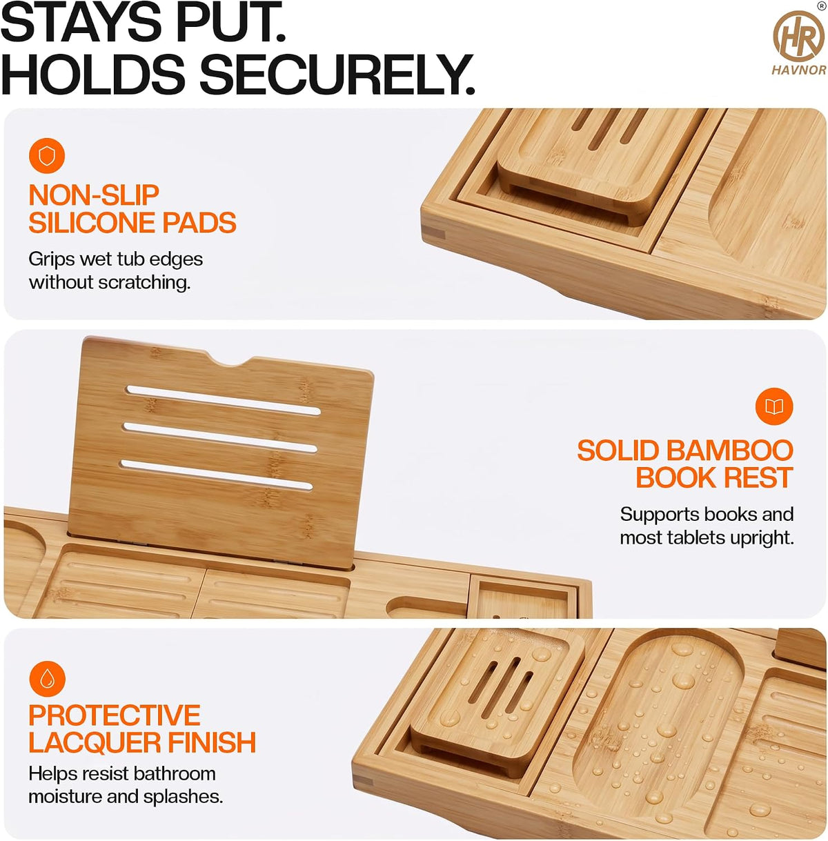 Bath Caddy Tray - Bamboo Bathtub Tray Expandable 28.5 to 41.5 Inches - Bath Trays for across the Bath, Wooden over Bath Shelf, Adjustable Bath Board Rack with Book, Tablet and Wine Glass Holder