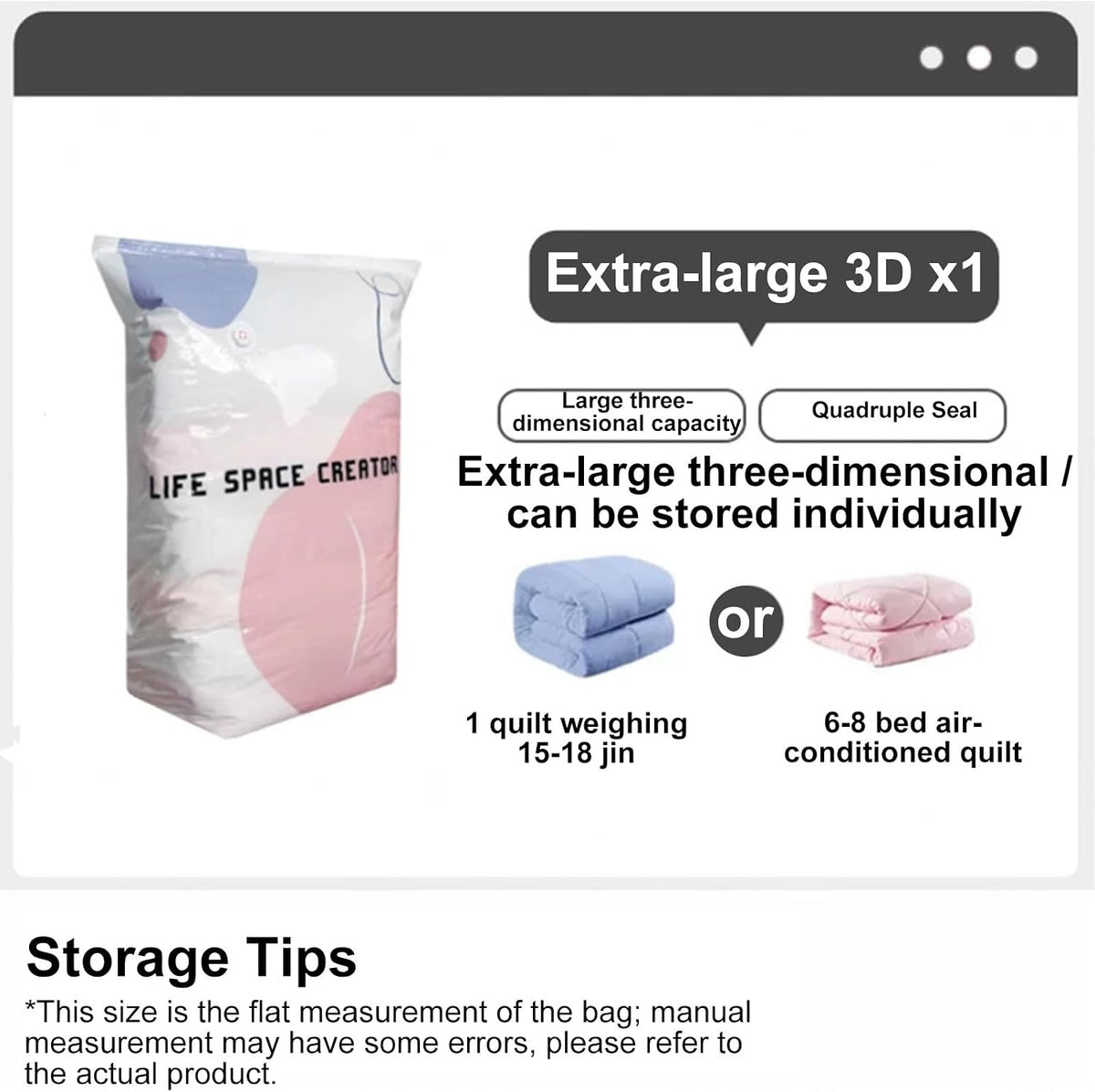 No Pump Vacuum Storage Bags for Clothes & Bedding, 5 Pack L-100X80X38Cm