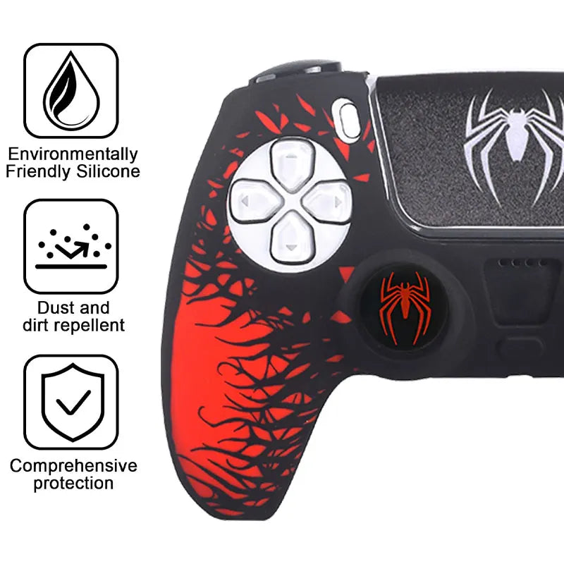 Spider Theme Soft Silicone Protective Case for PS5 Game Controller Cover Skin Gamepad Touchpad Stickers Thumb Stick Grip Cap Kit