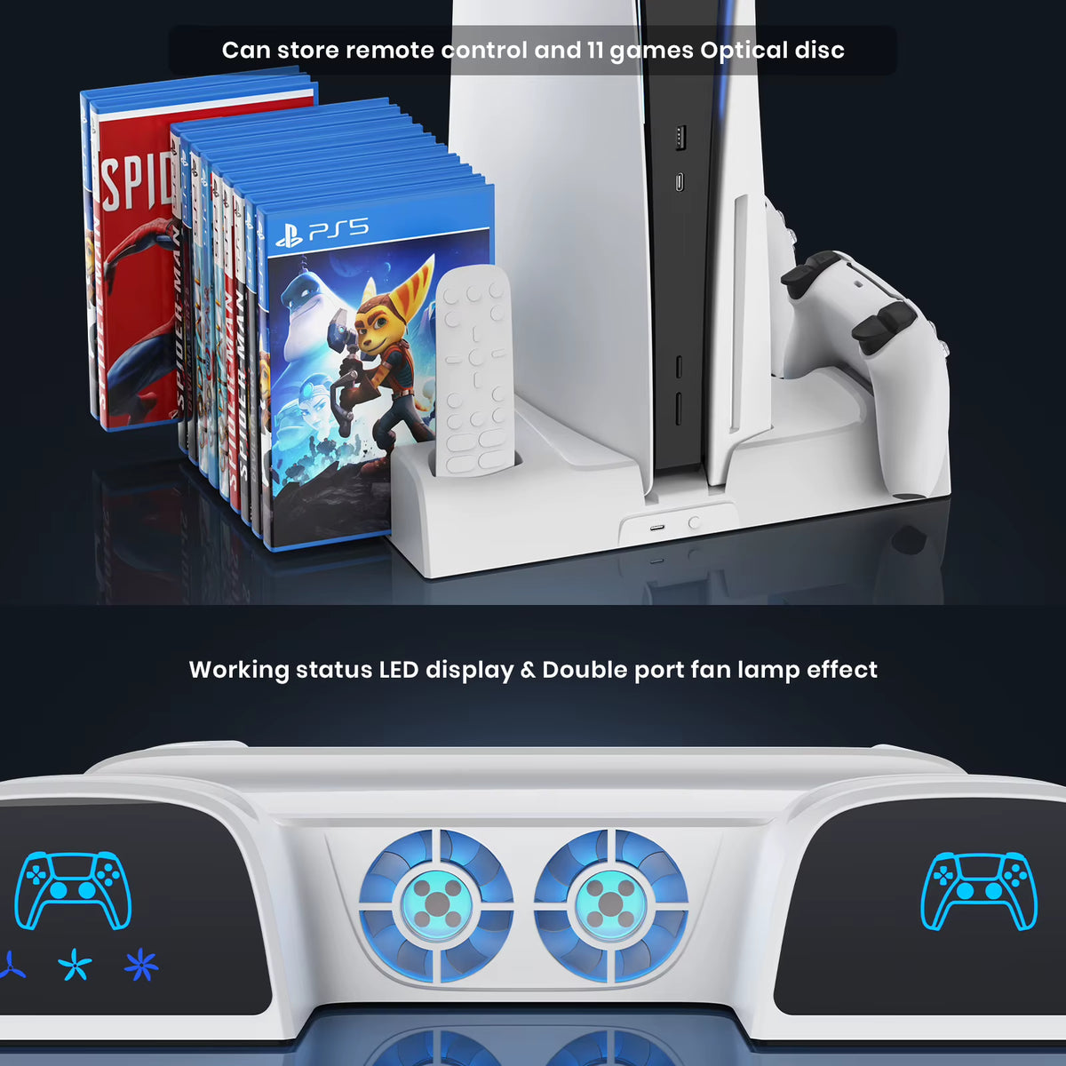For PS5/PS5 Slim/Ps5 Pro Stand with Headphone Hook Cooling Stand & Controller Charging Station for PS5 with 3 Levels Cooling Fan
