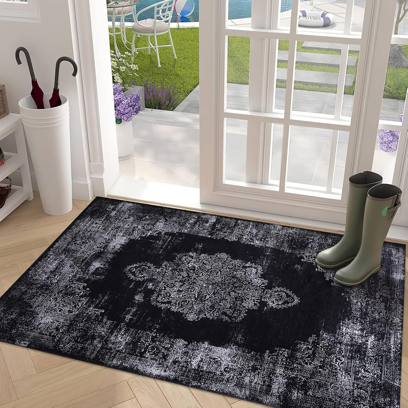 Washable Area Rugs for Living Room Traditional Flatweave Rug Non Slip Kitchen Rug - Decorative Floor Mats Low Pile Vintage Rugs Boho Design Foldable Hallway Carpets for Bedroom - Black