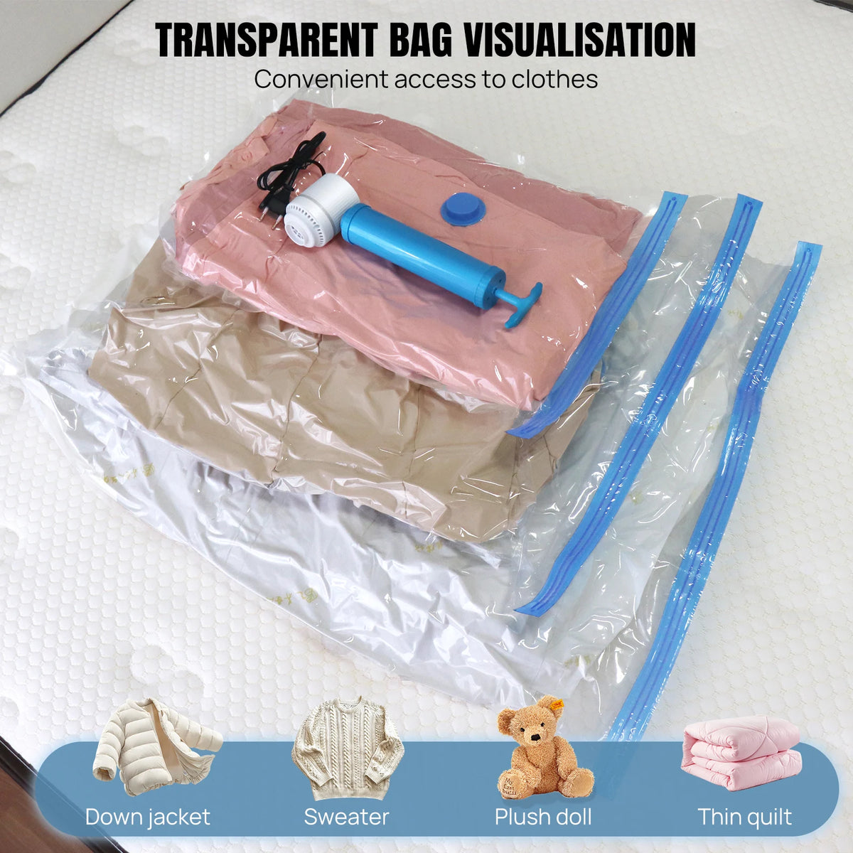 Clothes Storage Bag,12 Vacuum Bags, Multi-Purpose Plastic Bag, for Clothes, Bedding, Dormitories, Moving,Reusable
