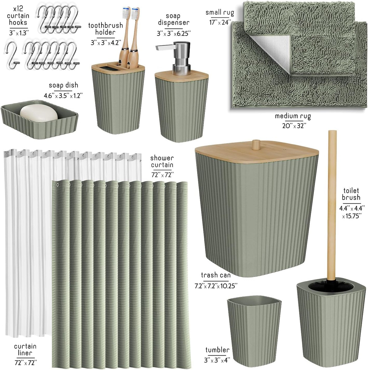 Bathroom Accessories Set - Bathroom Accessory Set with Shower Curtain Set, Toilet Brush, Trash Can & Soap Dispenser & Rugs (Sage Green, Complete Set + Bath Rugs)