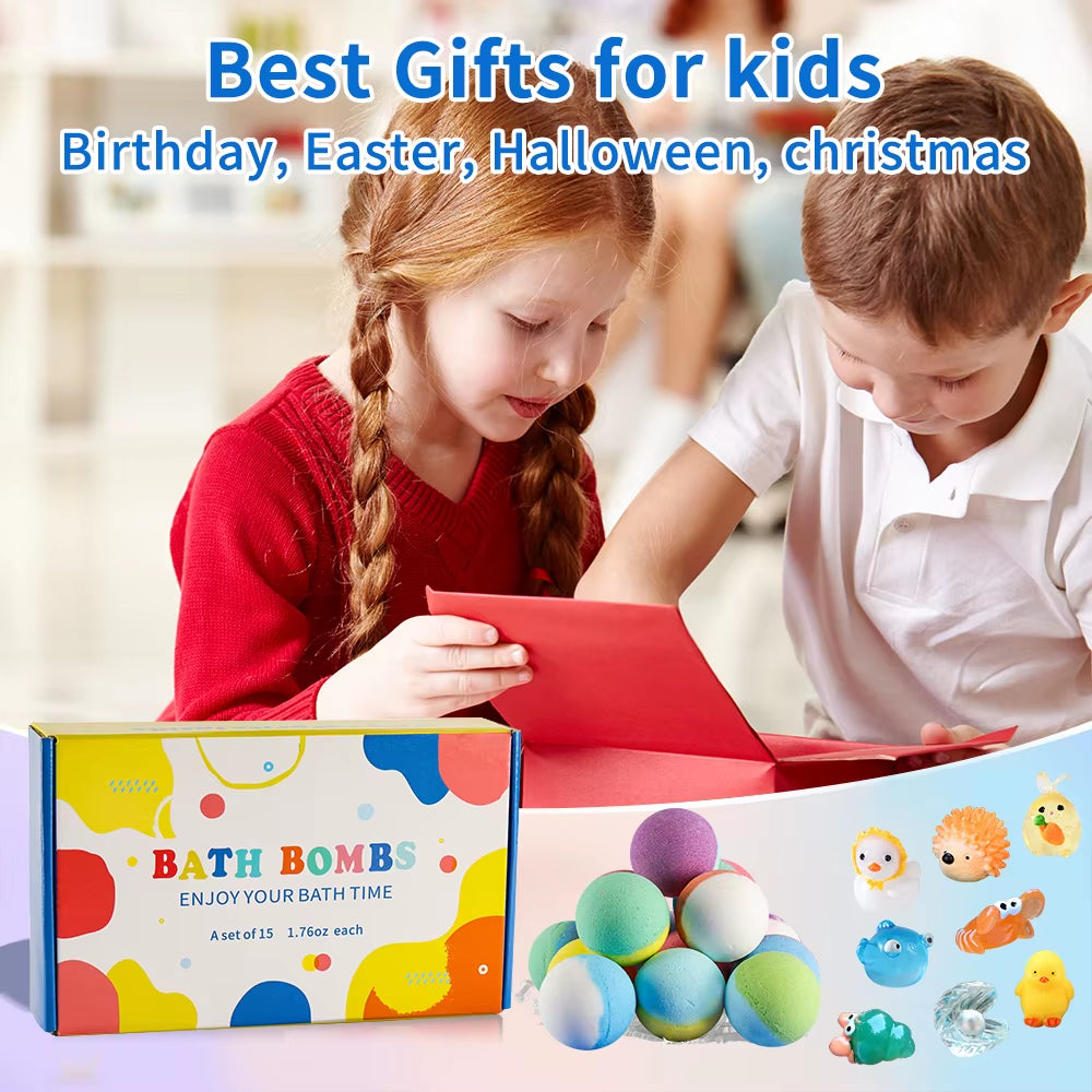 Bath Treats for Kids with Surprise Inside, 15 Pack Kids Bath Treats Gift Set, Natural Organic Kids Bubble Bath Fizzy with Bath T