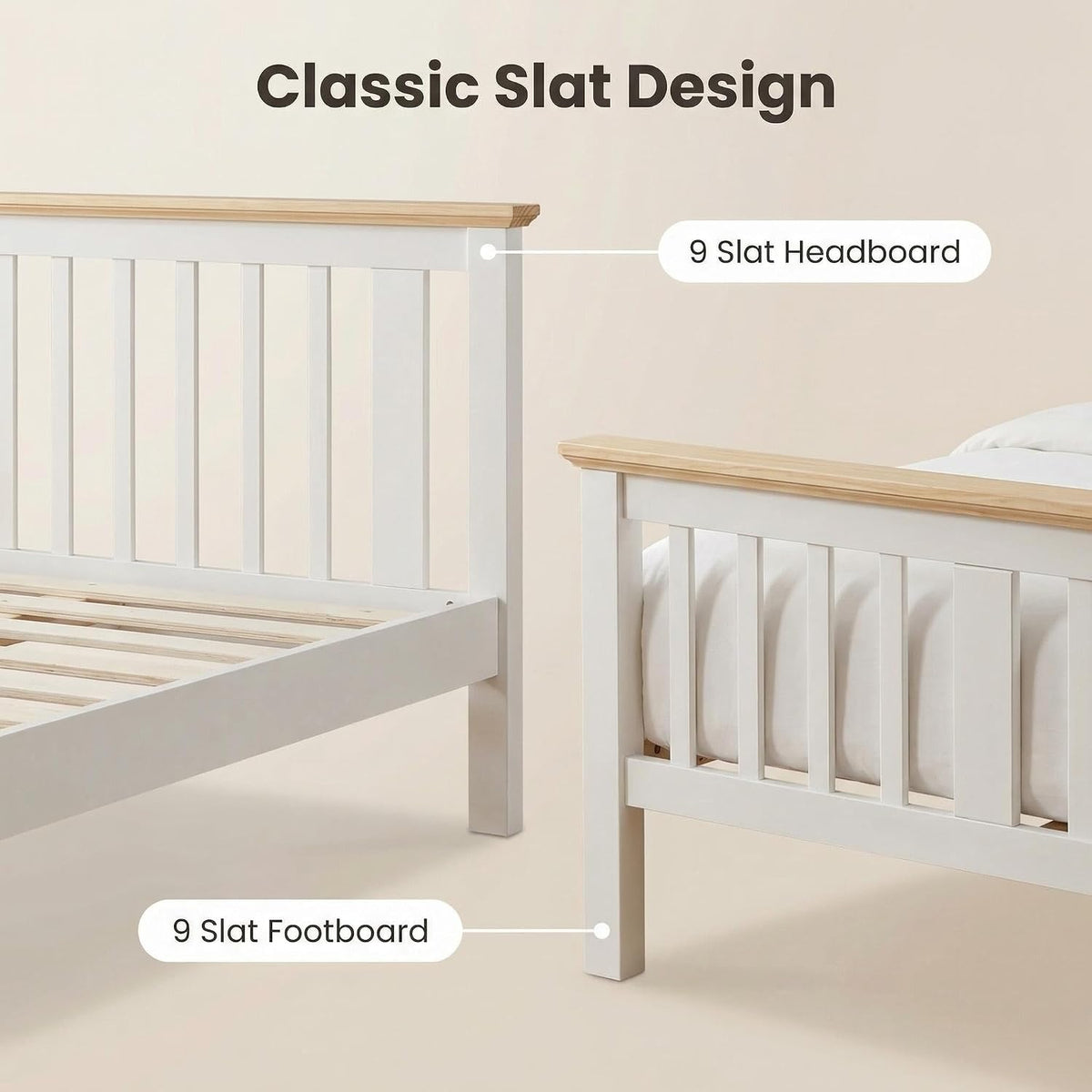 4FT6 Double Bed Frame Pine Wood Bed with Slats Bed for Kids (White+Wood, Double)