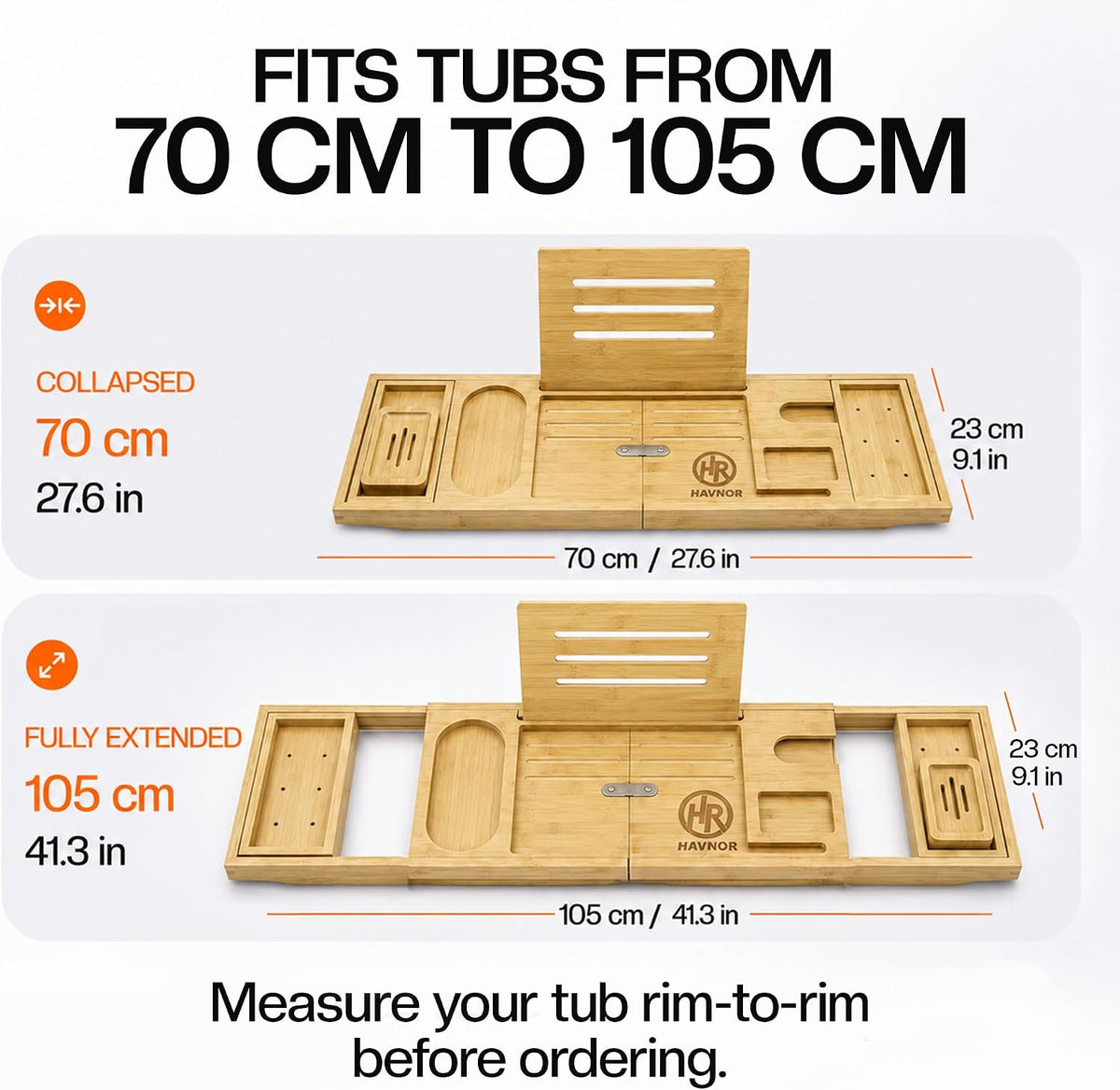 Bath Caddy Tray - Bamboo Bathtub Tray Expandable 28.5 to 41.5 Inches - Bath Trays for across the Bath, Wooden over Bath Shelf, Adjustable Bath Board Rack with Book, Tablet and Wine Glass Holder