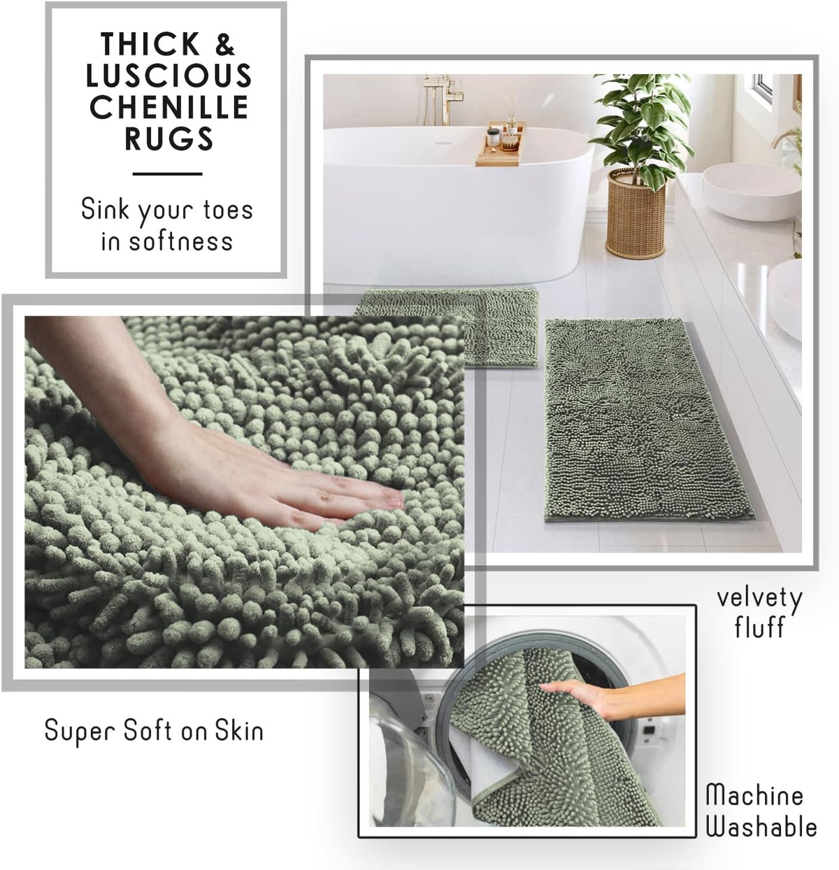 Bathroom Accessories Set - Bathroom Accessory Set with Shower Curtain Set, Toilet Brush, Trash Can & Soap Dispenser & Rugs (Sage Green, Complete Set + Bath Rugs)
