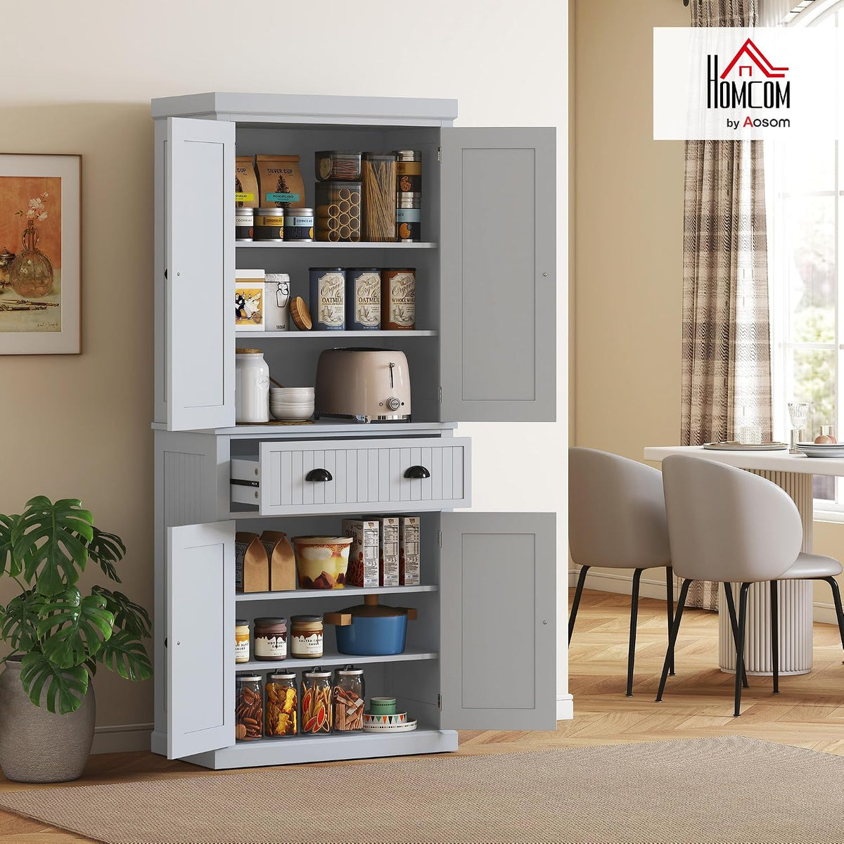 183Cm Tall Kitchen Cupboard with Drawer, 4 Doors, Grey