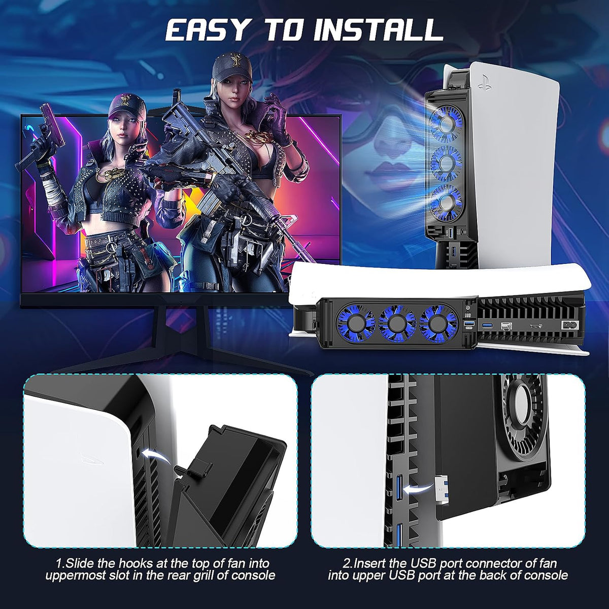 Cooling Fan for PS5  Cooler Fan for PS5 Accessories with LED Light and 3.0 USB Ports Fan Cooling Fan Compatible with PS5 Host Digital Version or CD Version,Not for Ps5 Slim/Ps5 Pro
