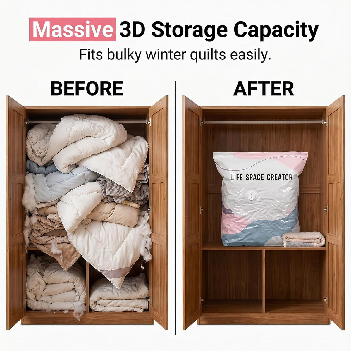 No Pump Vacuum Storage Bags for Clothes & Bedding, 5 Pack L-100X80X38Cm