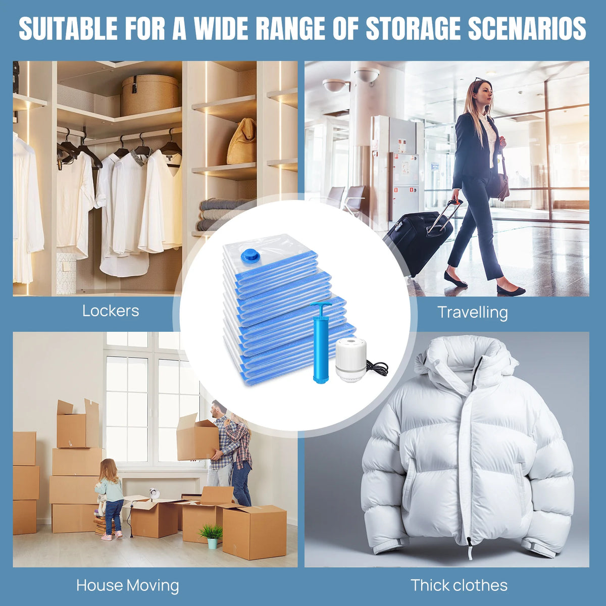 Clothes Storage Bag,12 Vacuum Bags, Multi-Purpose Plastic Bag, for Clothes, Bedding, Dormitories, Moving,Reusable